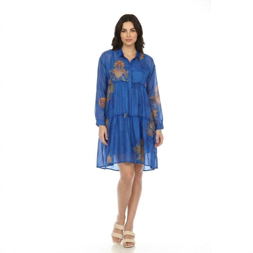 Johnny Was Biya Paisley Sascha Silk Tiered Dress Roll Tab Sleeves NWT Small Boho